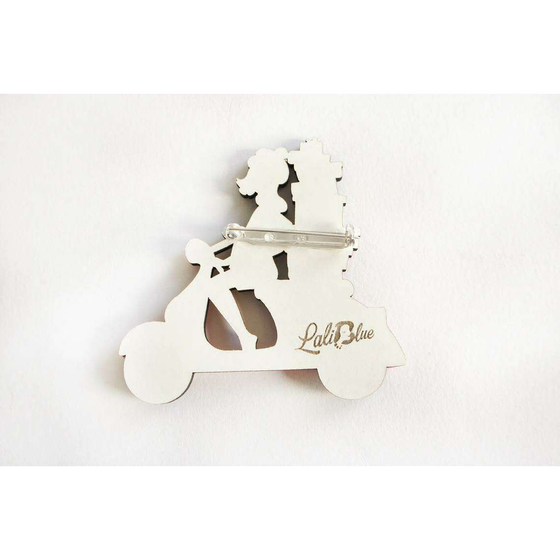 Girl on Scooter with Gifts Brooch by Laliblue