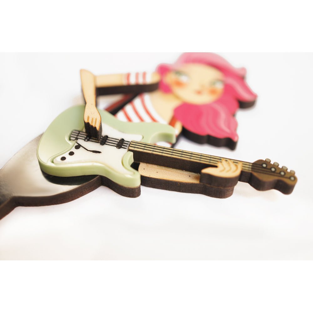 Girl playing the electric bass Brooch by Laliblue by Quirks! at Shirley Shoppe