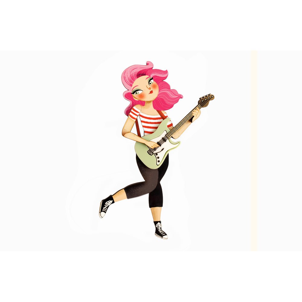 Girl playing the electric bass Brooch by Laliblue by Quirks! at Shirley Shoppe