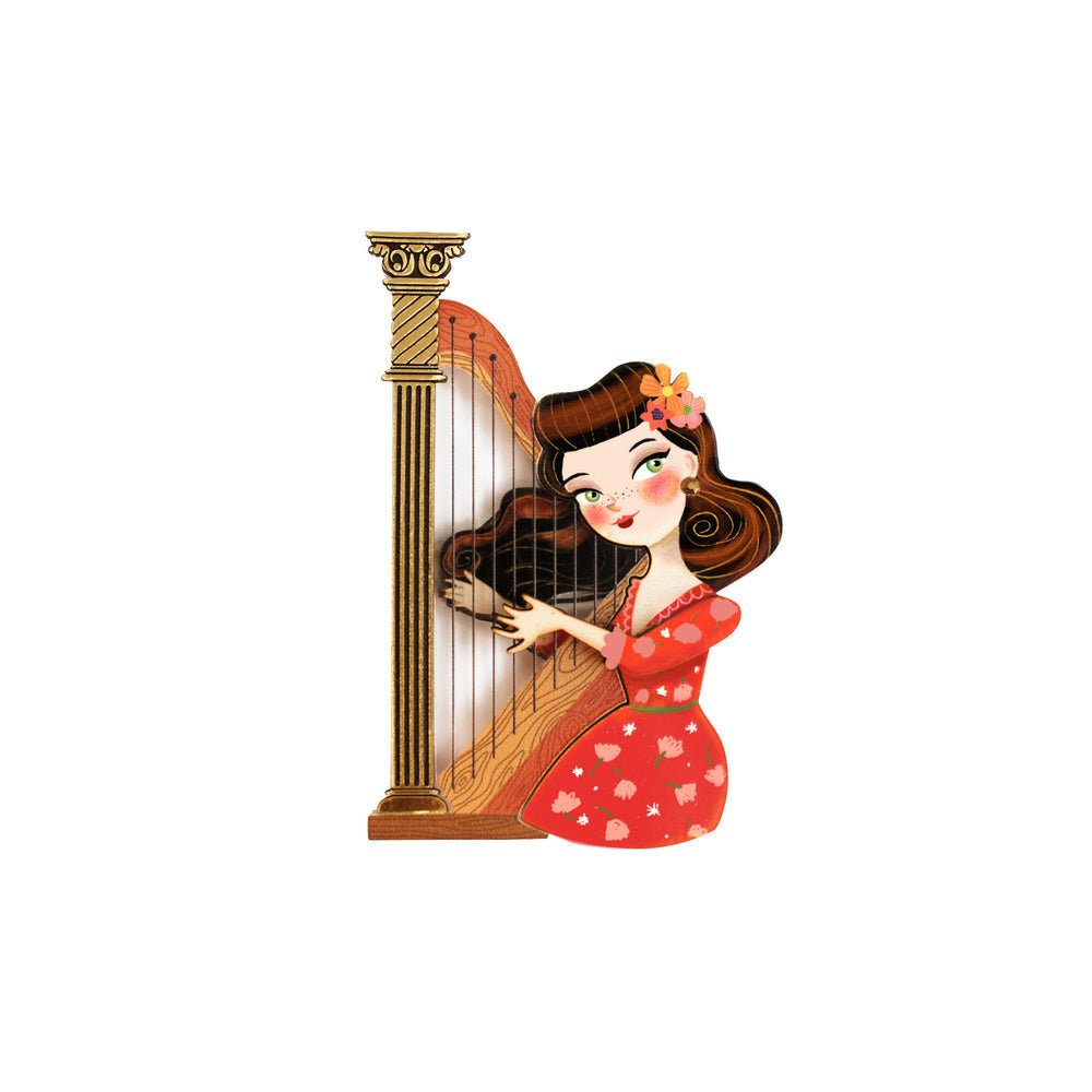 Girl playing the harp Brooch by Laliblue by Quirks! at Shirley Shoppe