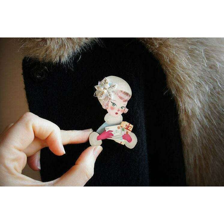 Girl with Christmas Postcards Brooch by Laliblue