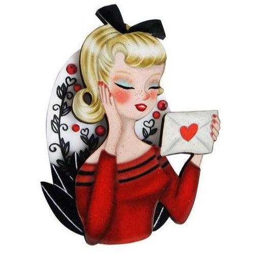 Girl with Love Letter Valentine Brooch by Laliblue by Quirks! at Shirley Shoppe