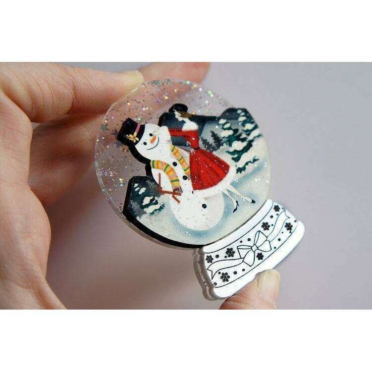Girl with Snowman Snow Globe Brooch by Laliblue