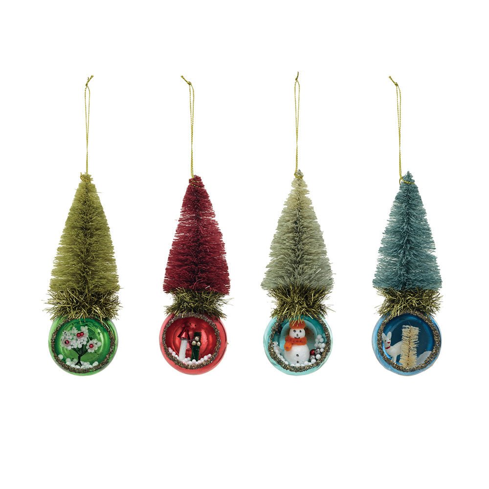 Glass Diorama Ornament w/ Bottle Brush Tree, Set of 4 by Quirks! at Shirley Shoppe