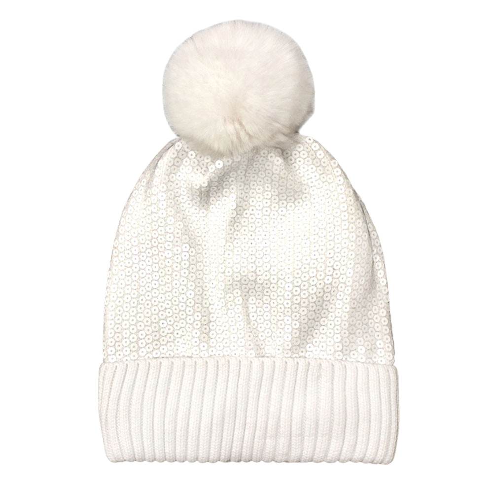 Glitzy Sequin Embellished Pom Pom Beanie Hat
