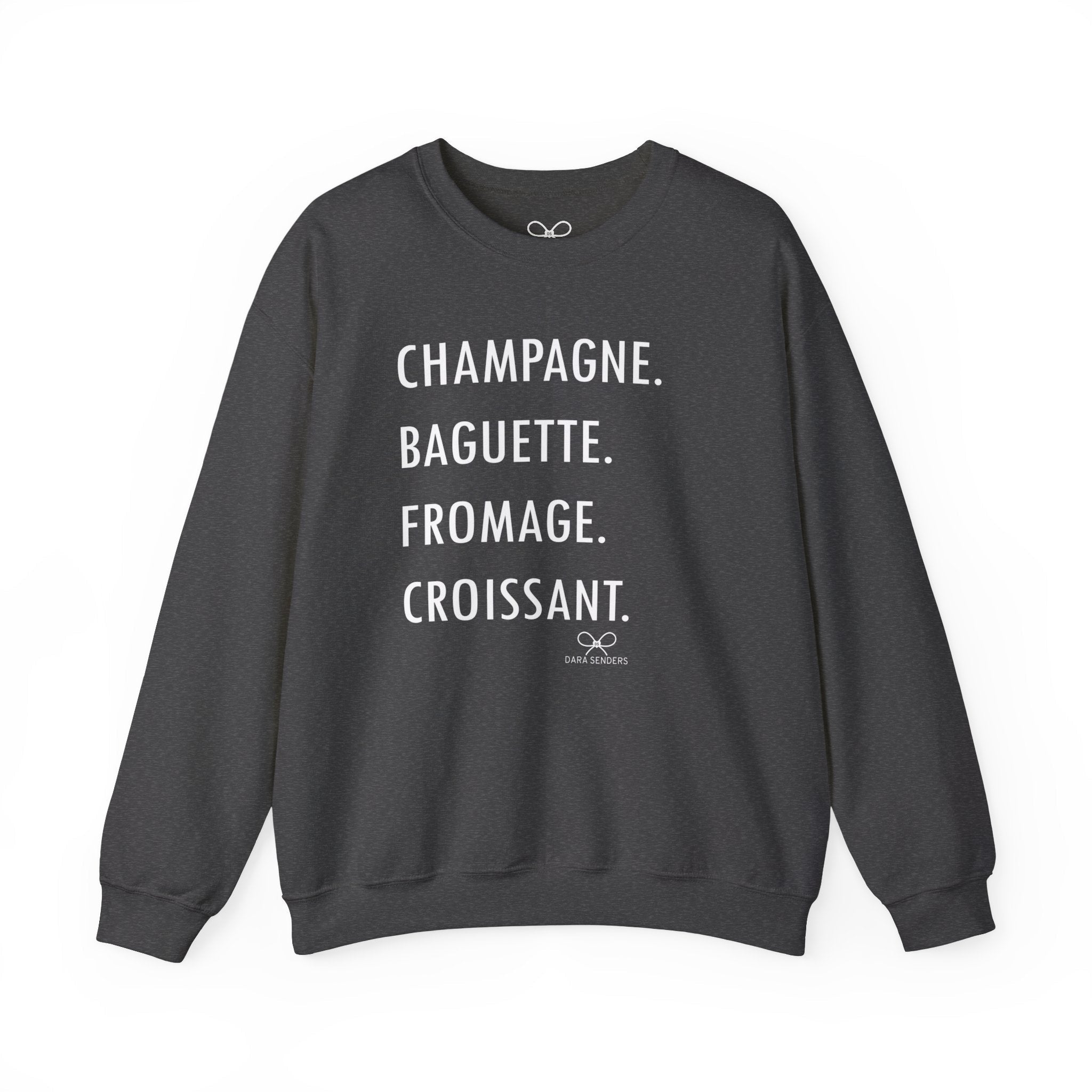 GOURMET LOVE (Champagne, Baguette, Fromage, Croissant) Crewneck Sweatshirt by DARA SENDERS at Shirley Shoppe