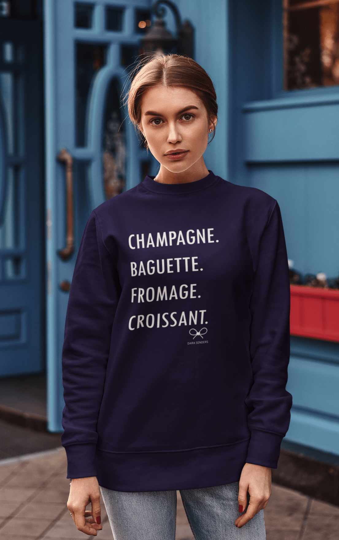 GOURMET LOVE (Champagne, Baguette, Fromage, Croissant) Crewneck Sweatshirt by DARA SENDERS at Shirley Shoppe