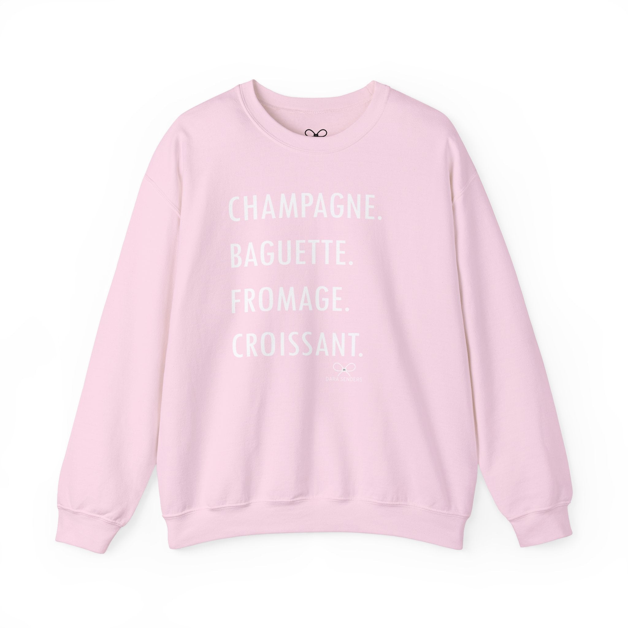 GOURMET LOVE (Champagne, Baguette, Fromage, Croissant) Crewneck Sweatshirt by DARA SENDERS at Shirley Shoppe