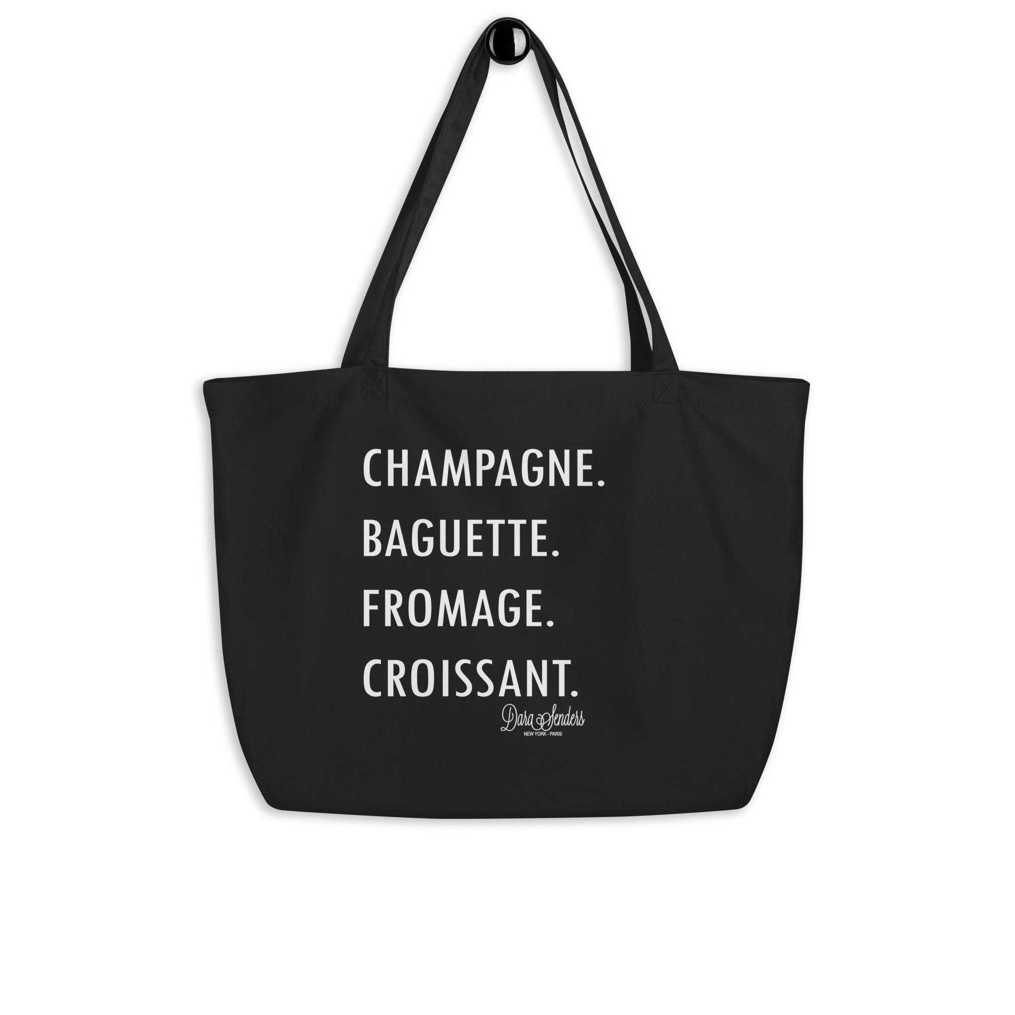 GOURMET LOVE (Champagne, Baguette, Fromage, Croissant) LARGE ORGANIC TOTE BAG by DARA SENDERS at Shirley Shoppe