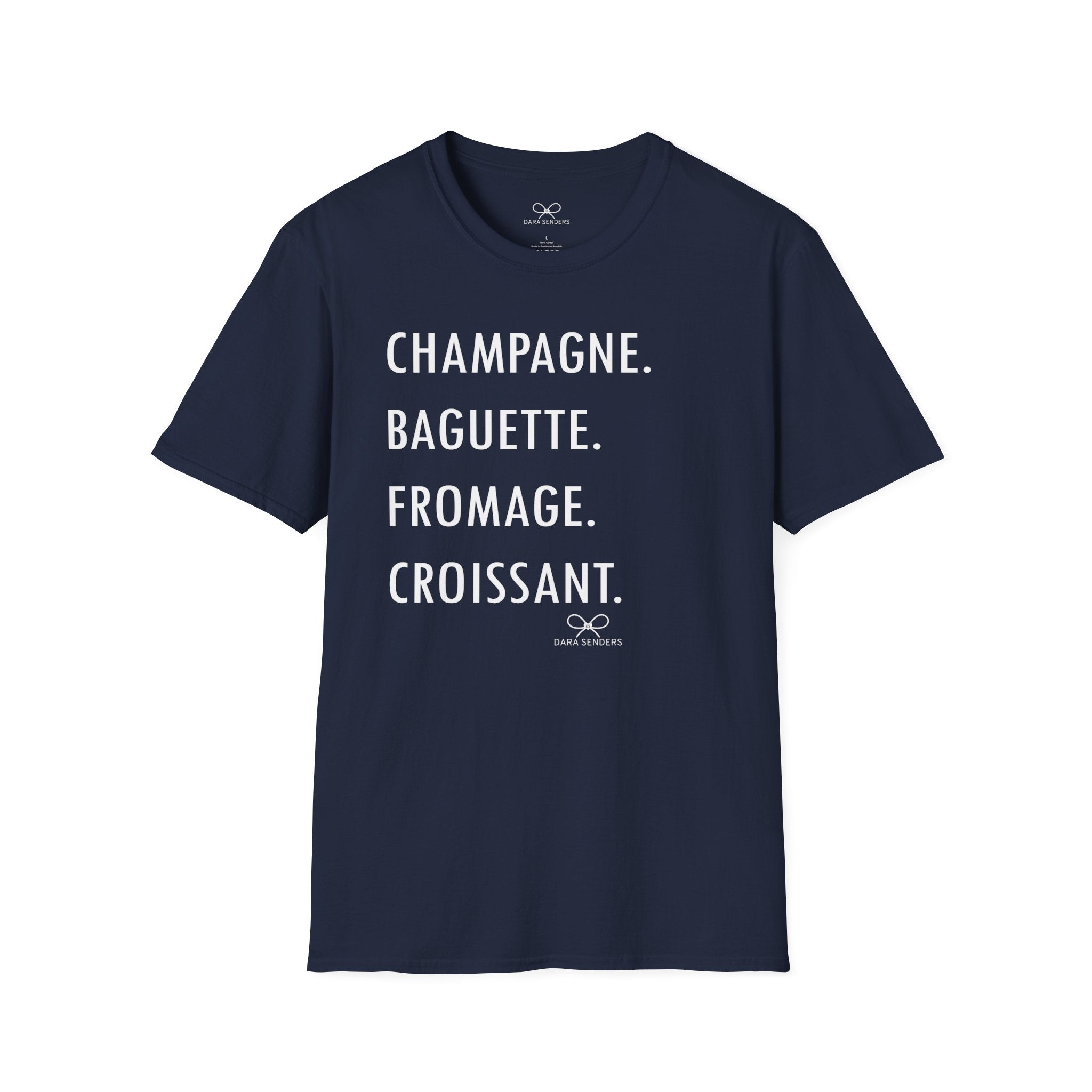 GOURMET LOVE (Champagne, Baguette, Fromage, Croissant) Tshirt by DARA SENDERS at Shirley Shoppe