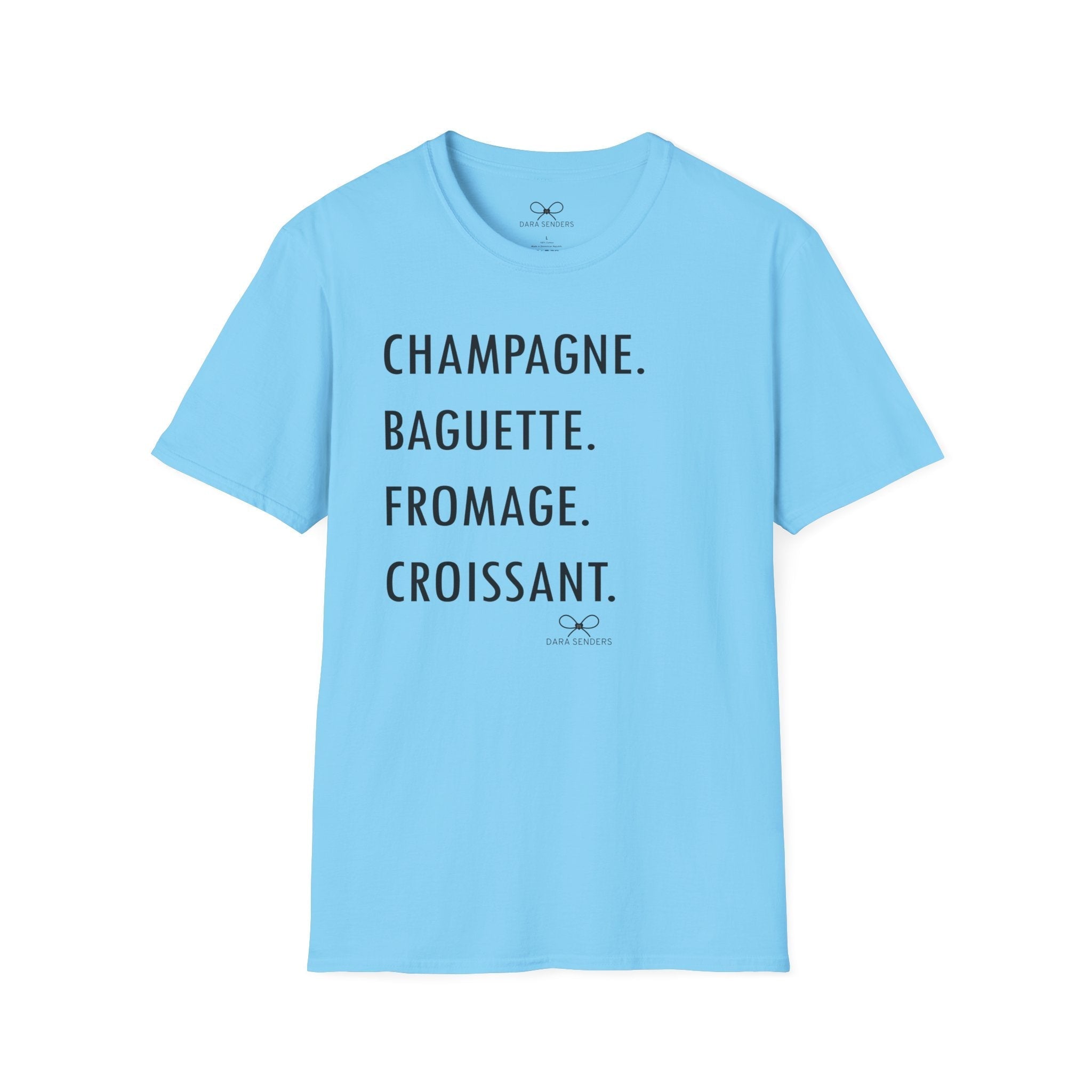 GOURMET LOVE (Champagne, Baguette, Fromage, Croissant) Tshirt by DARA SENDERS at Shirley Shoppe