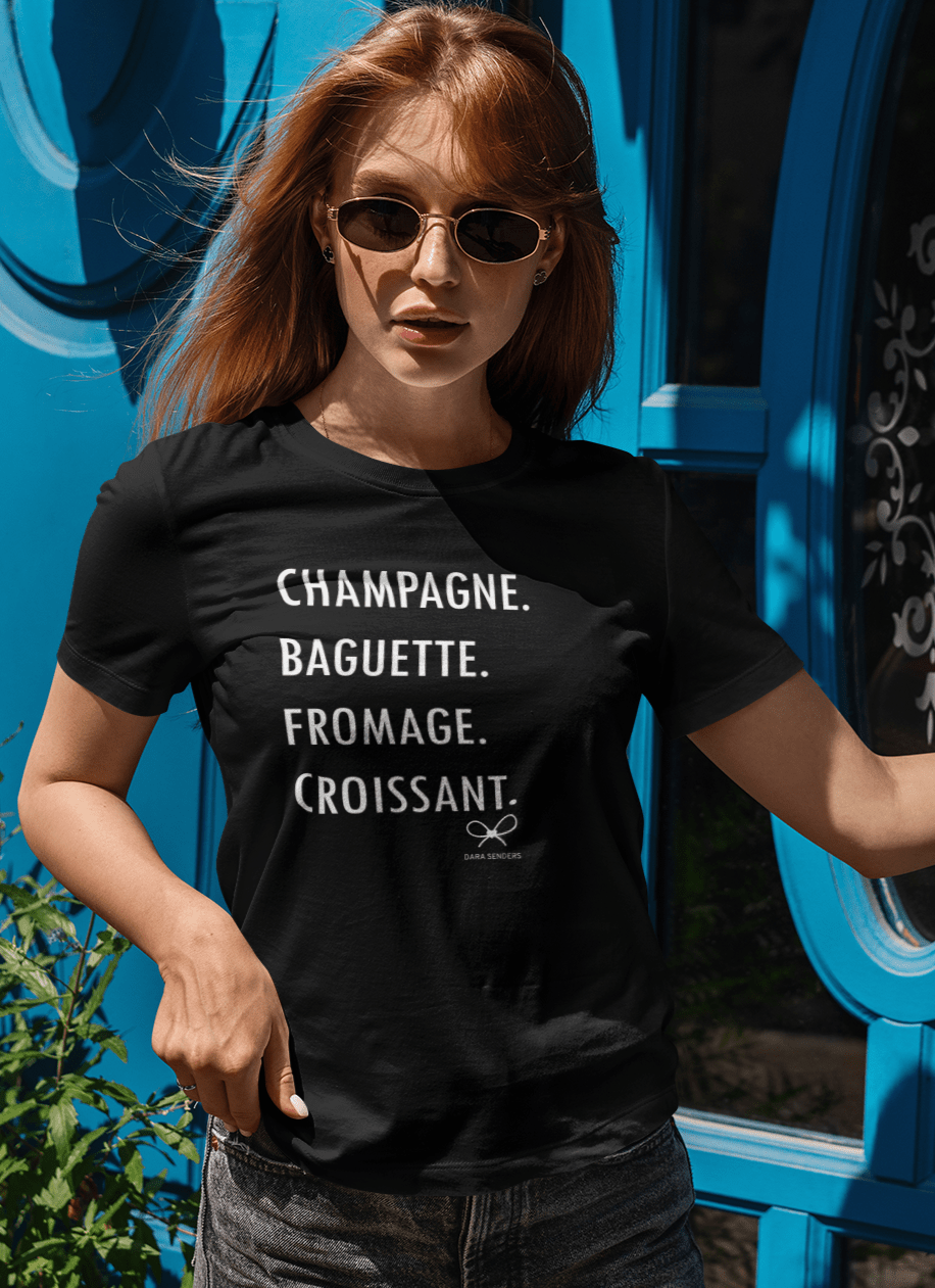 GOURMET LOVE (Champagne, Baguette, Fromage, Croissant) Tshirt by DARA SENDERS at Shirley Shoppe
