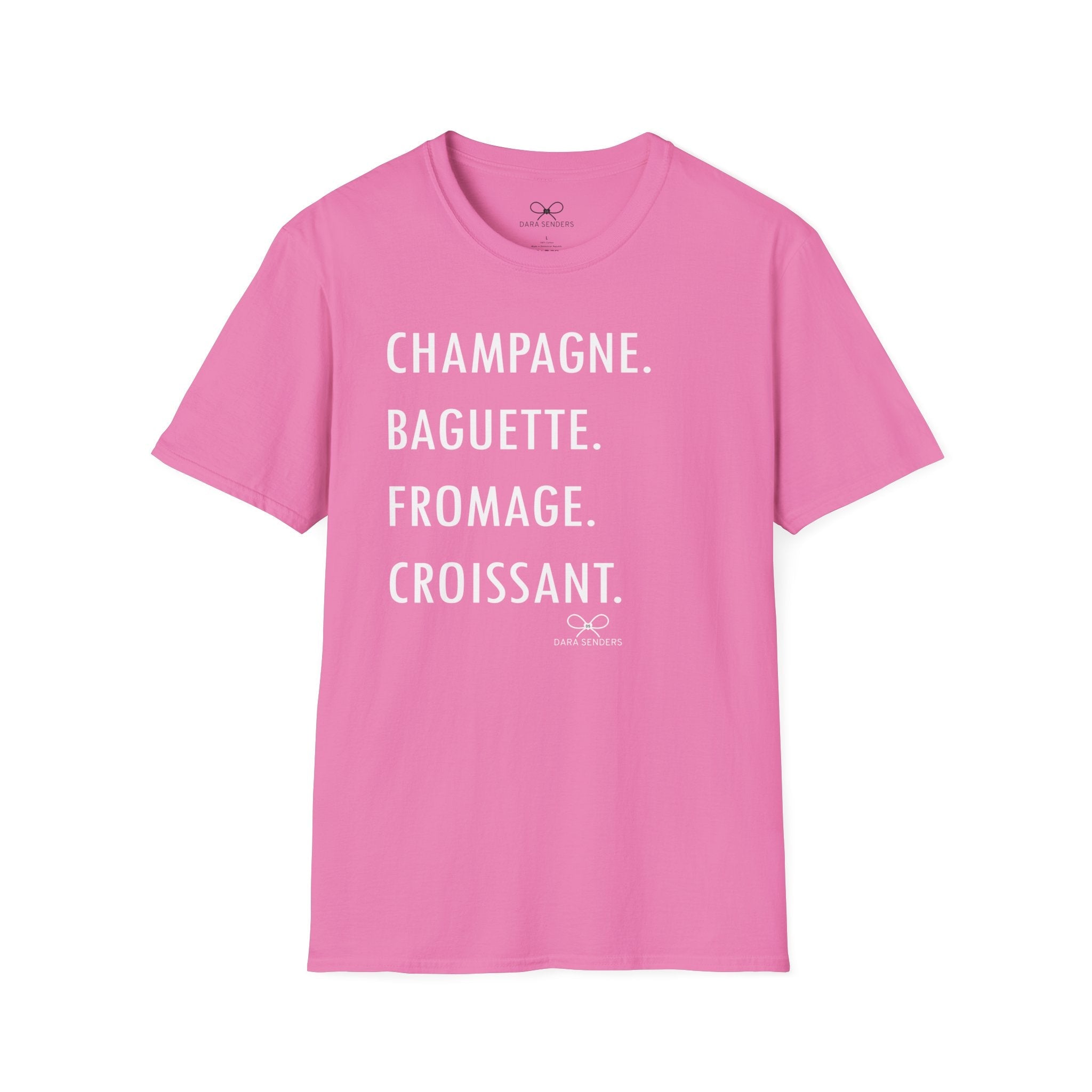 GOURMET LOVE (Champagne, Baguette, Fromage, Croissant) Tshirt by DARA SENDERS at Shirley Shoppe