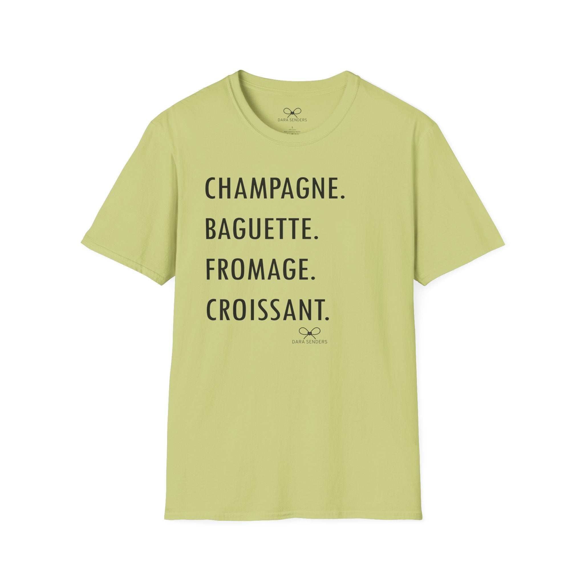 GOURMET LOVE (Champagne, Baguette, Fromage, Croissant) Tshirt by DARA SENDERS at Shirley Shoppe