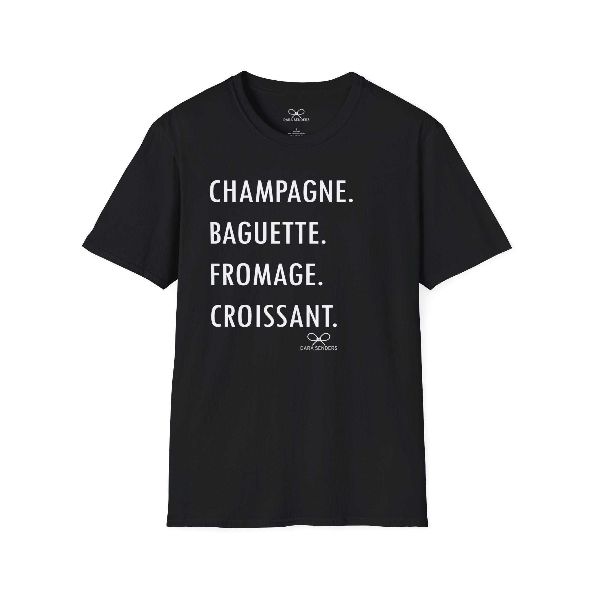 GOURMET LOVE (Champagne, Baguette, Fromage, Croissant) Tshirt by DARA SENDERS at Shirley Shoppe
