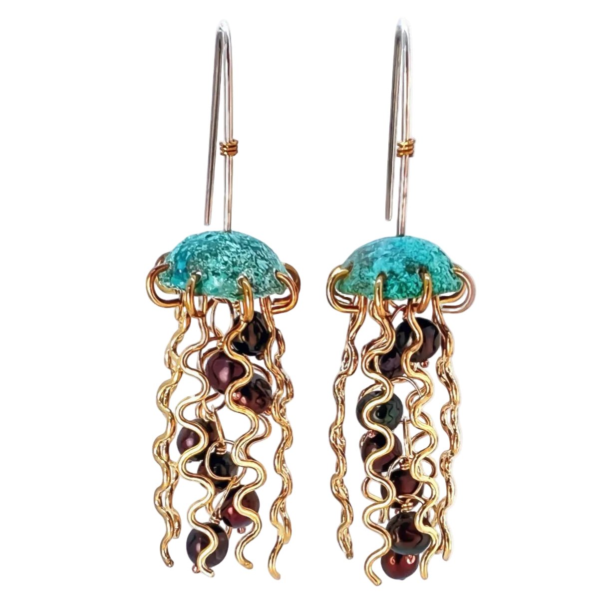 Green Copper Jellyfish Earrings with Dark Pearls and Sterling Silver Earwires by Alison Morse at Shirley Shoppe