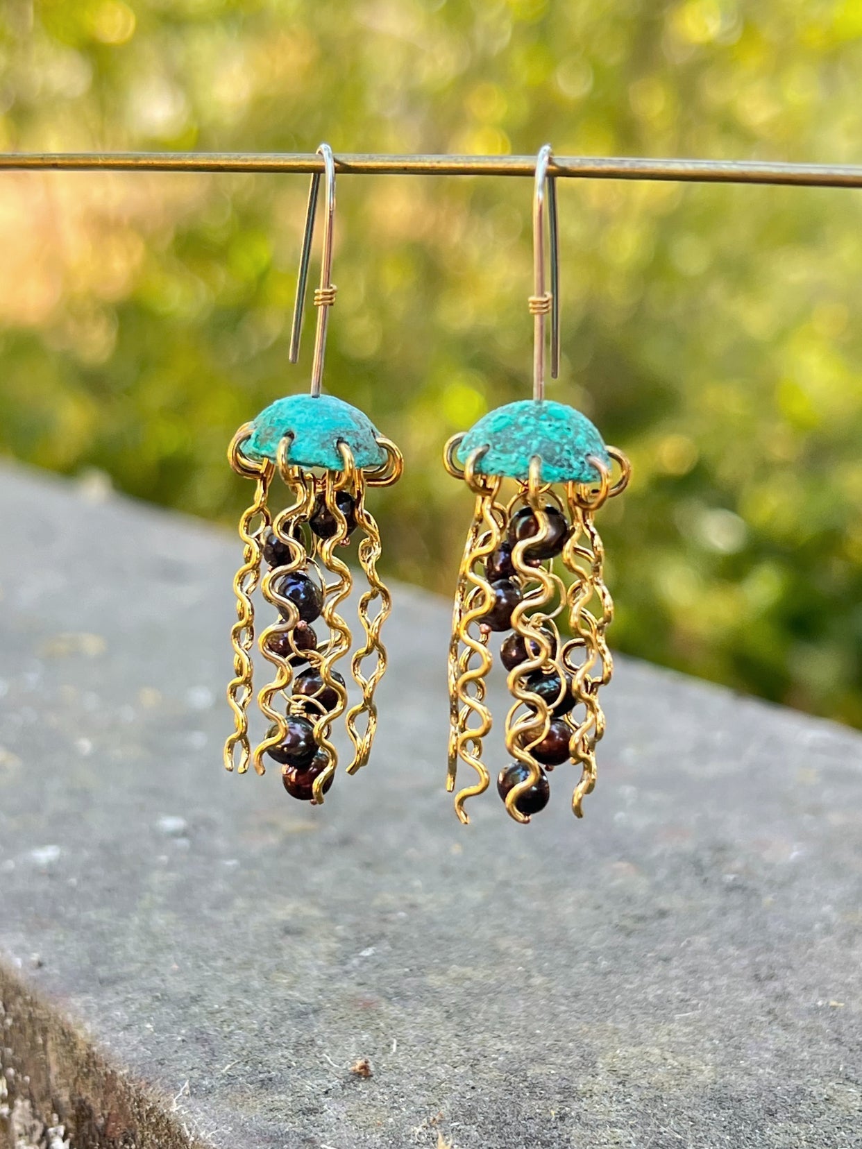 Green Copper Jellyfish Earrings with Dark Pearls and Sterling Silver Earwires by Alison Morse at Shirley Shoppe