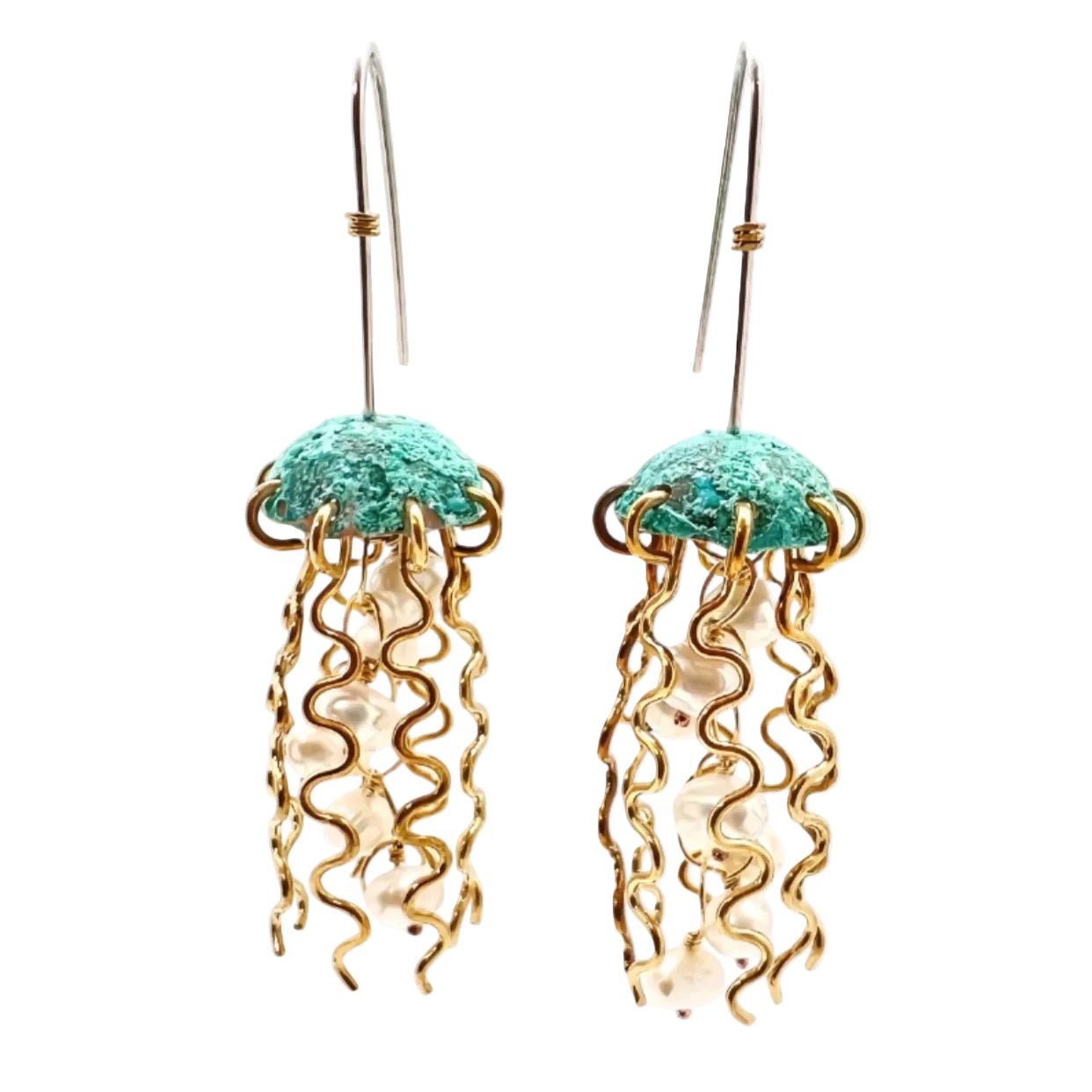 Green Copper Jellyfish Earrings with White Pearls and Sterling Silver Earwires by Alison Morse at Shirley Shoppe