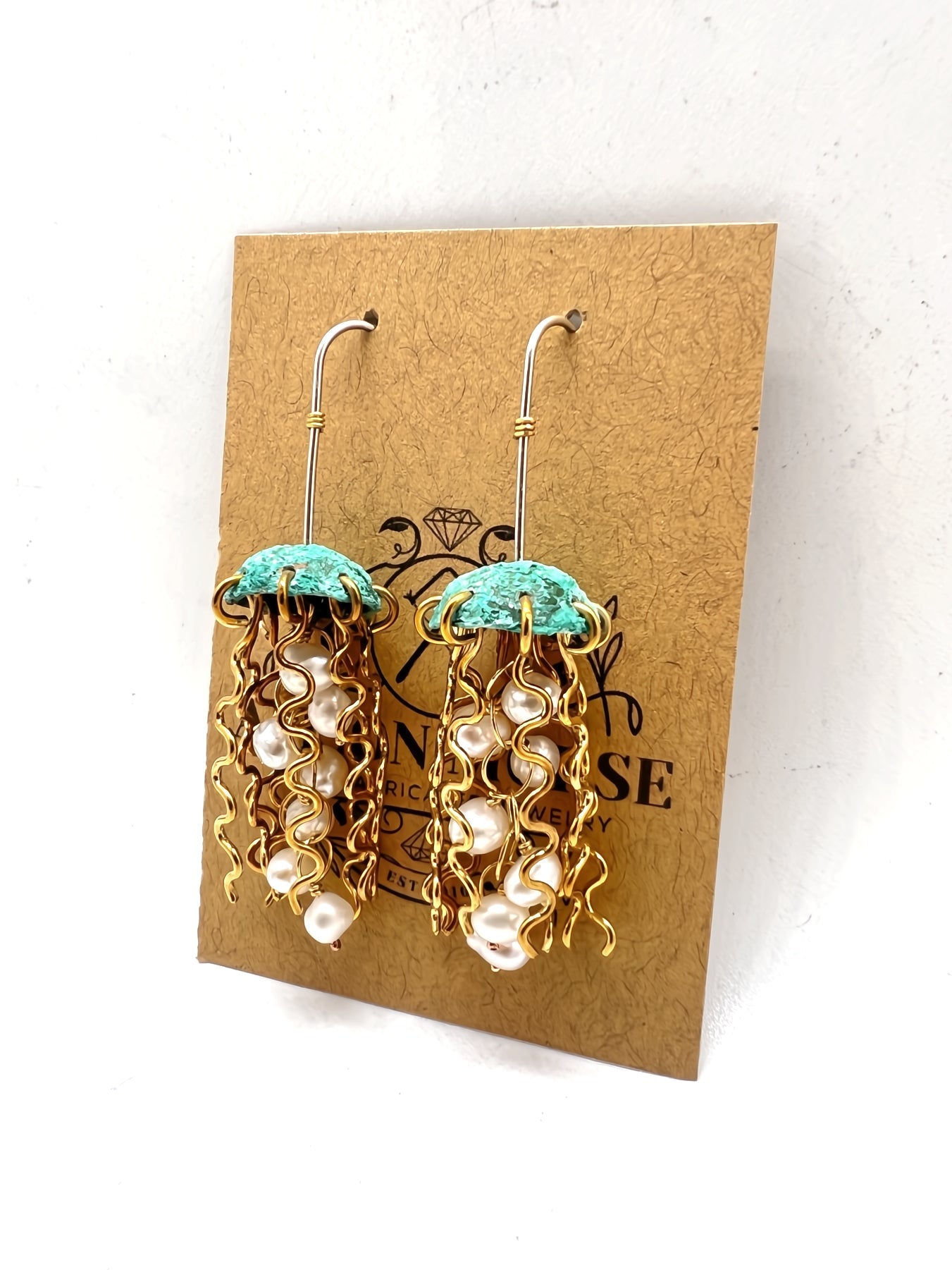 Green Copper Jellyfish Earrings with White Pearls and Sterling Silver Earwires by Alison Morse at Shirley Shoppe