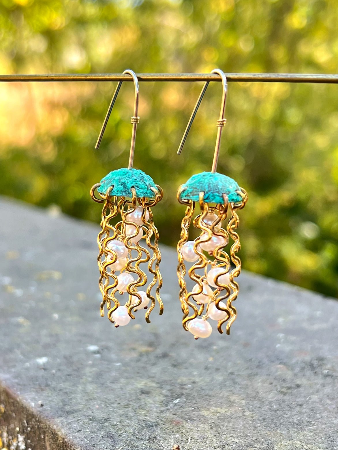 Green Copper Jellyfish Earrings with White Pearls and Sterling Silver Earwires by Alison Morse at Shirley Shoppe
