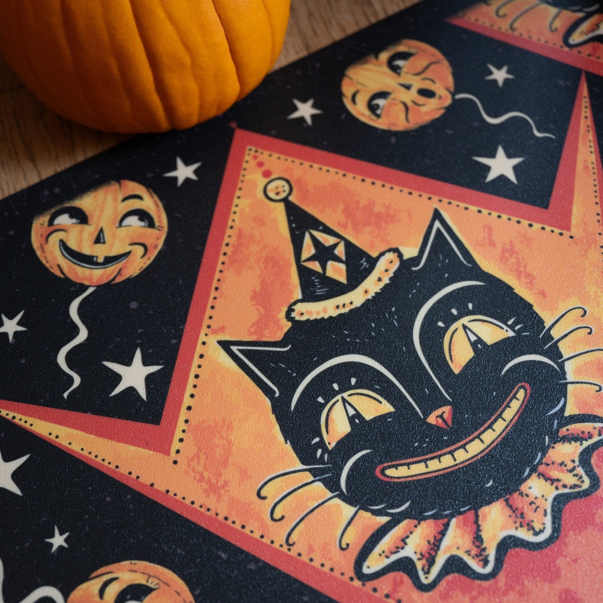 Grinning Black Cat Jack 56” Harlequin Vinyl Floor Decor by Quirks! at Shirley Shoppe