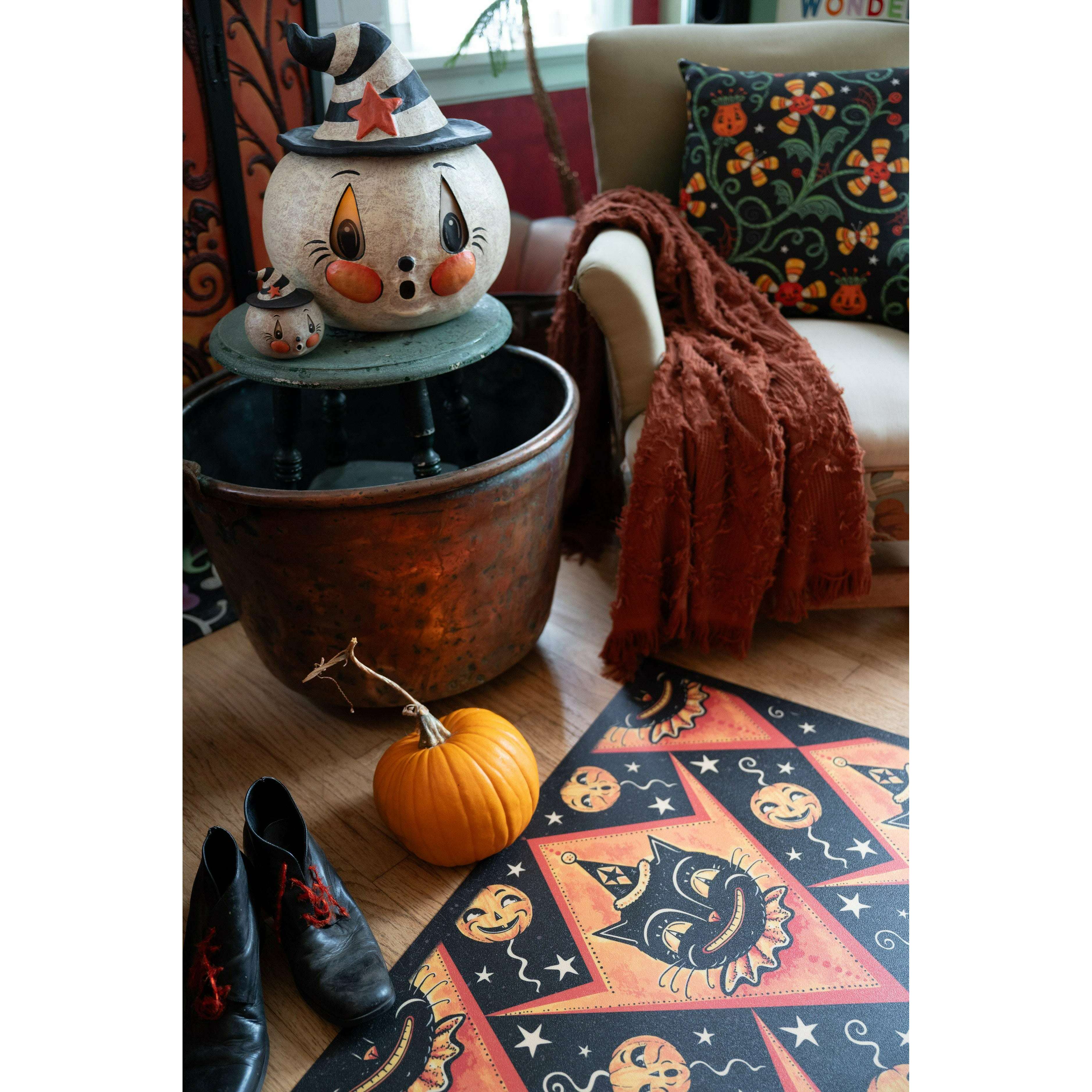 Grinning Black Cat Jack Harlequin Vinyl Floor Decor 52" x 76"