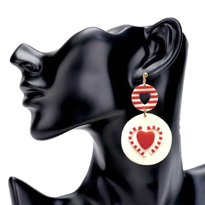 Heart Candy Cane Accented Round Polymer Clay Dangle Earrings