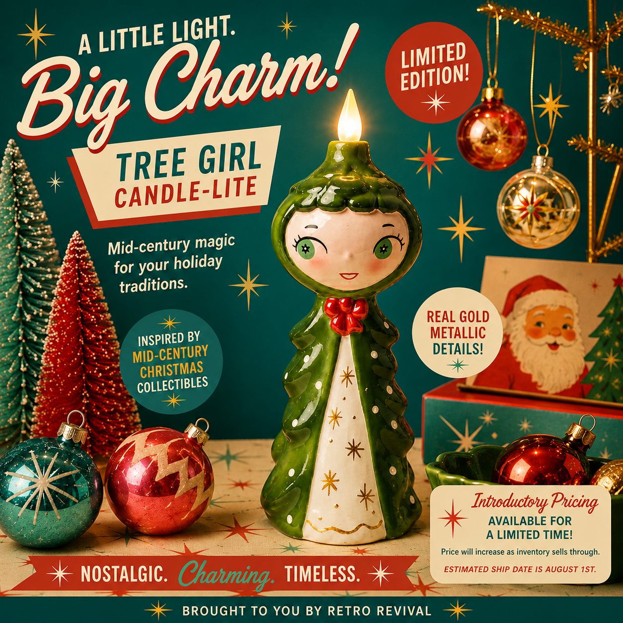 Tree Girl Candle-Lite | Mid Century Christmas Decor | Vintage Inspired Ceramic Holiday Figurine SHIPS AUGUST