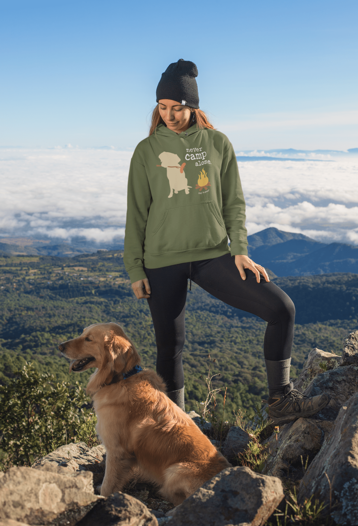 Hoodie: Never Camp Alone (Green) by Dog is Good at Shirley Shoppe