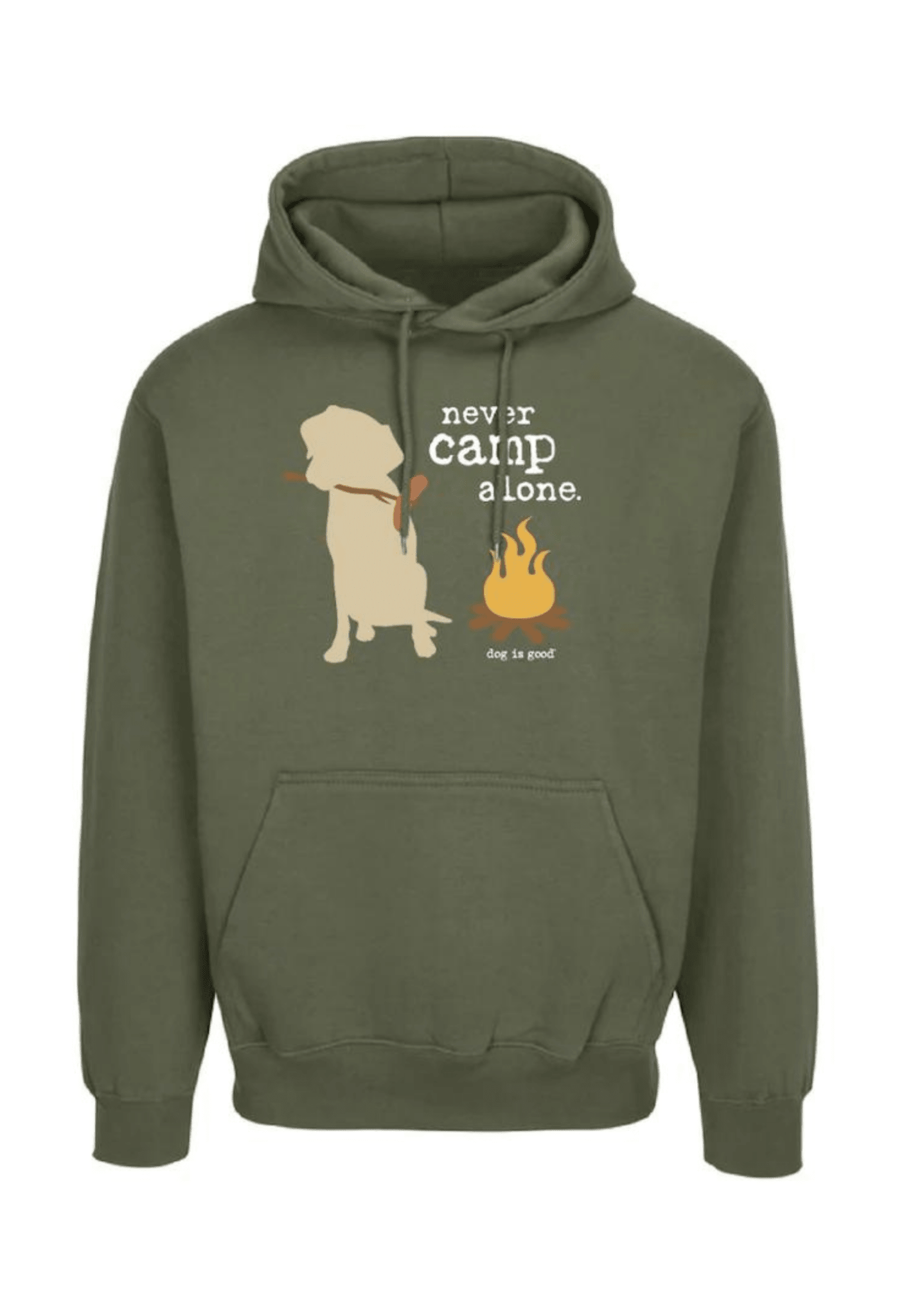 Hoodie: Never Camp Alone (Green) by Dog is Good at Shirley Shoppe