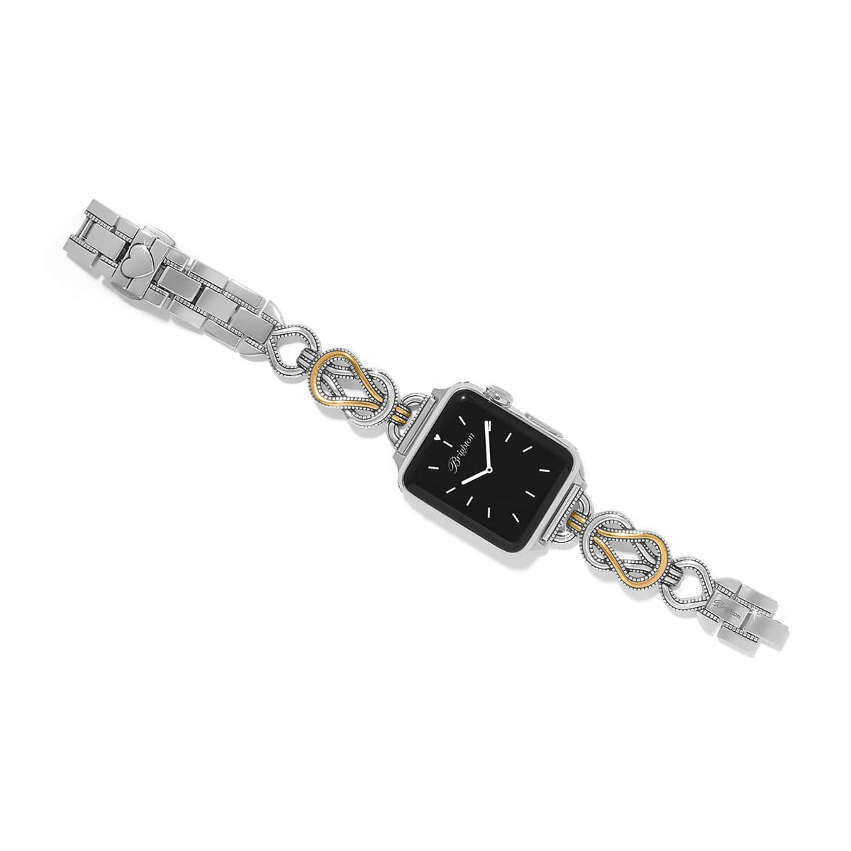 Brighton watch band with silver-tone link bracelet, two-tone infinity accents, and black square watch face on a white background