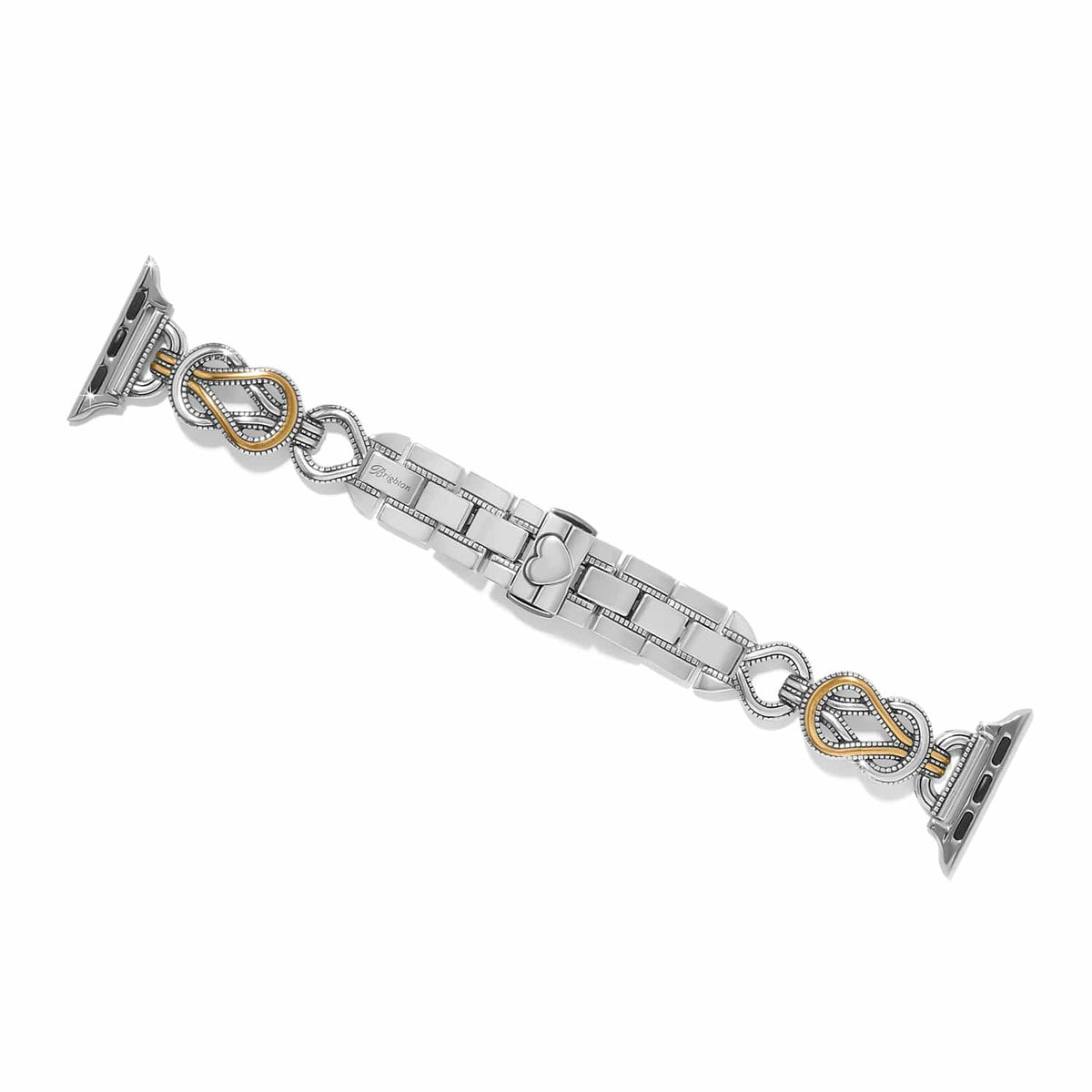Brighton watch band with two-tone silver and gold infinity links and heart accent on a white background