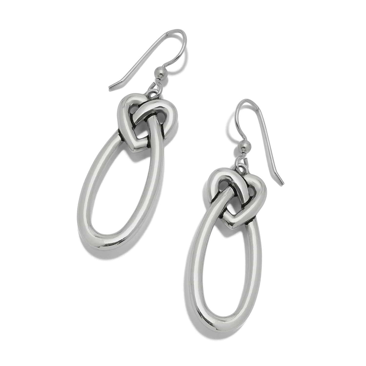 Brighton drop earrings with silver-plated heart knot links and elongated oval loops on a white background