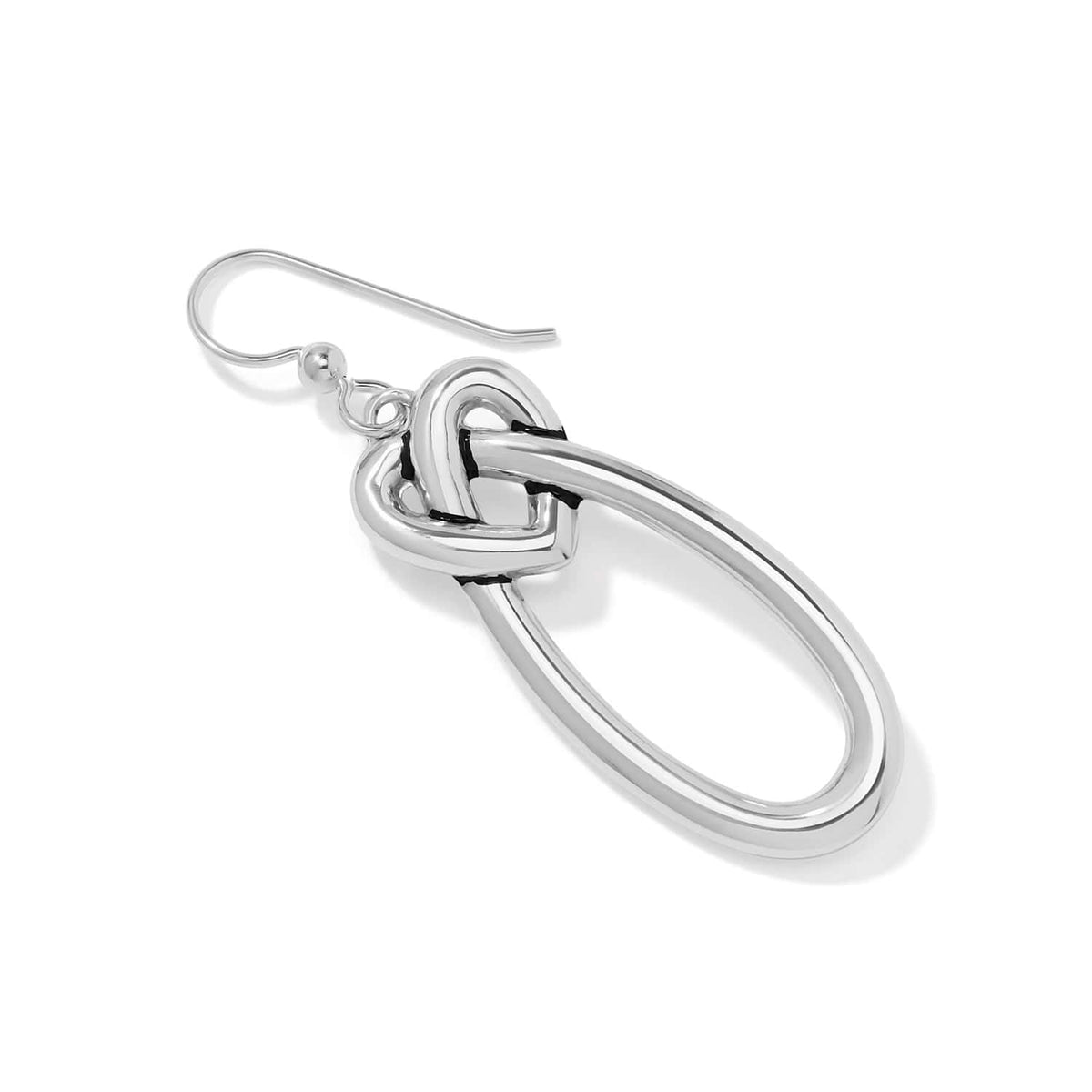 Brighton drop earring with silver-tone heart knot and oval loop on French hook wire on a white background
