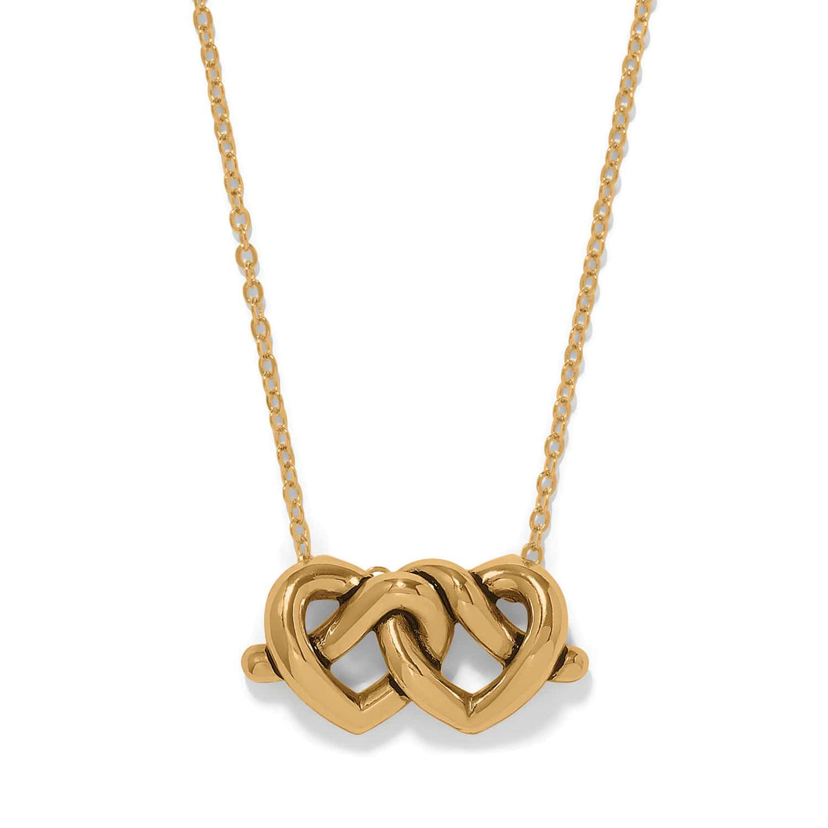Brighton pendant necklace with two interlocking gold-plated hearts on a delicate chain on a white background