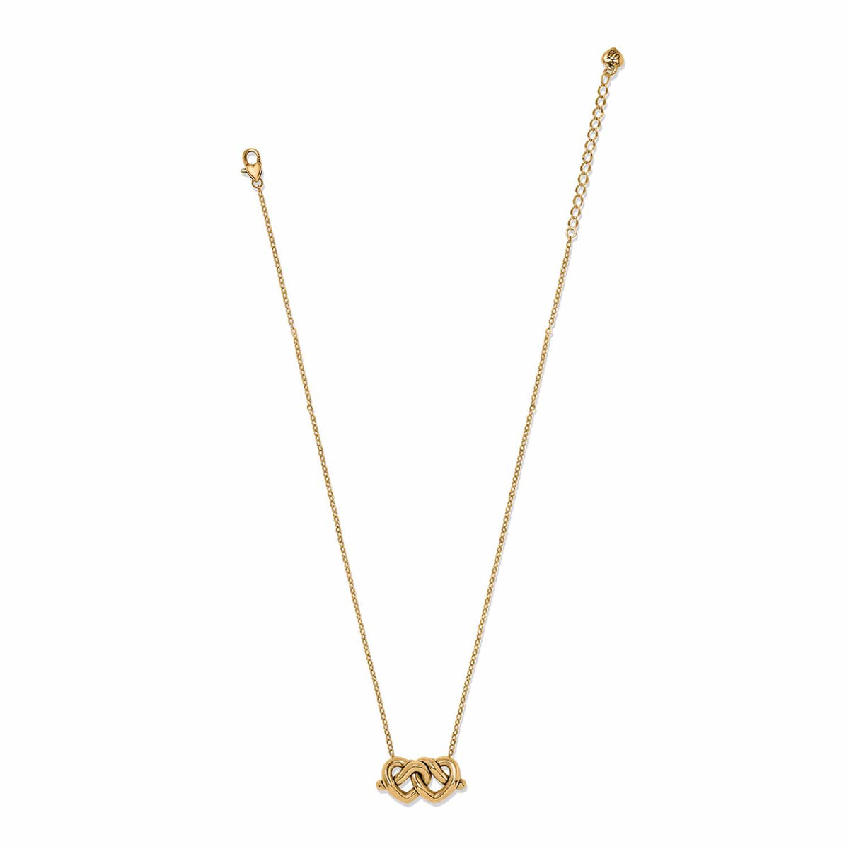 Brighton gold-plated necklace with interlocking double heart pendant and lobster clasp on a white background