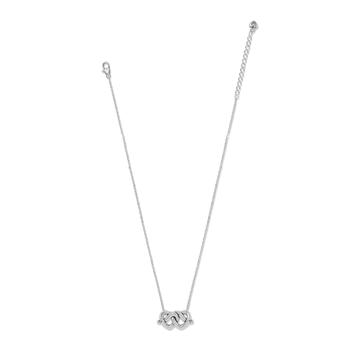 Brighton silver-tone necklace with interlocking double heart pendant and lobster clasp on a white background
