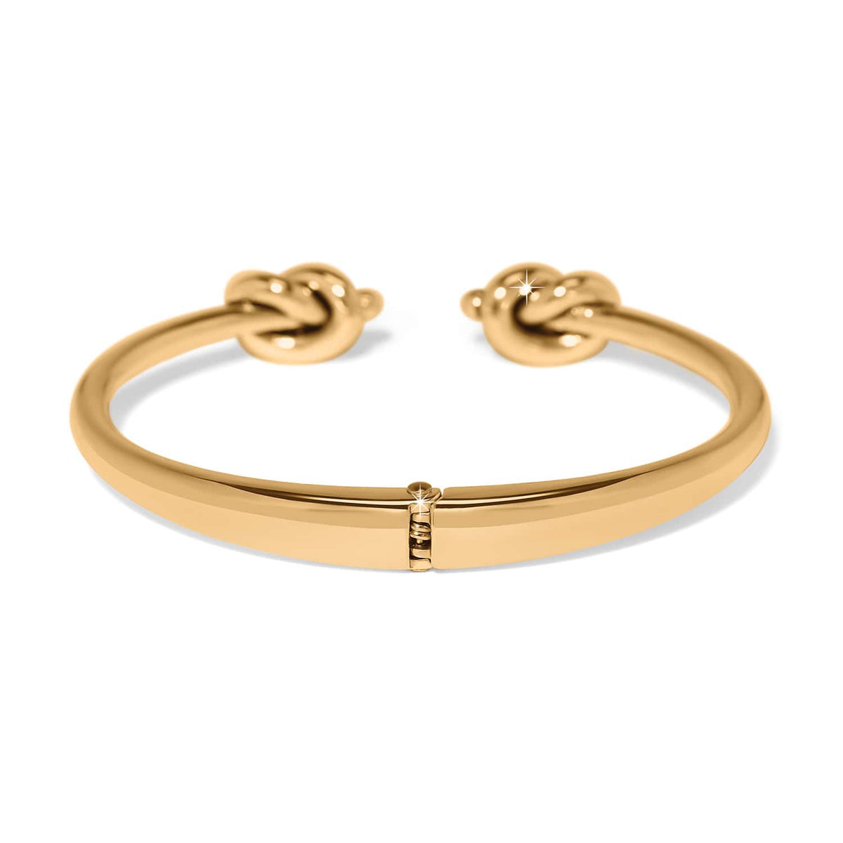Brighton hinged cuff bracelet in gold-plated finish with double knot end caps on a white background