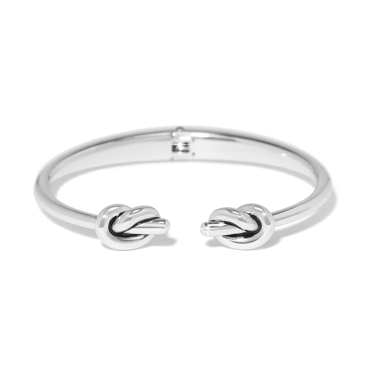 Brighton hinged cuff bracelet with silver-plated finish and double knot open end detailing on a white background