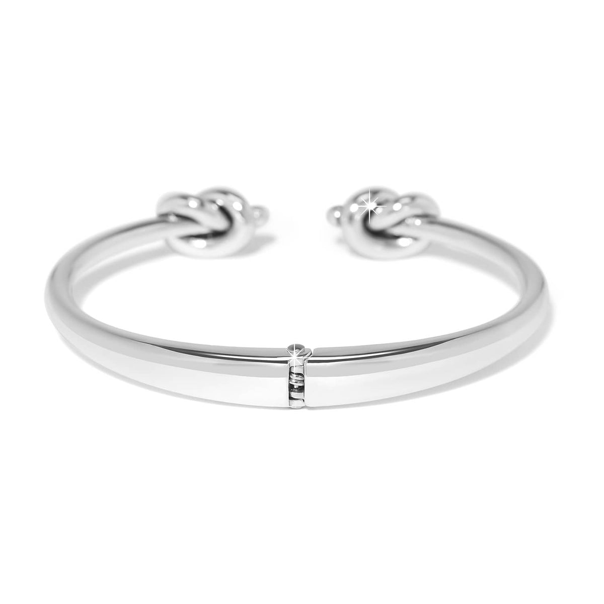 Brighton hinged cuff bracelet with silver-plated finish and double knot end details on a white background