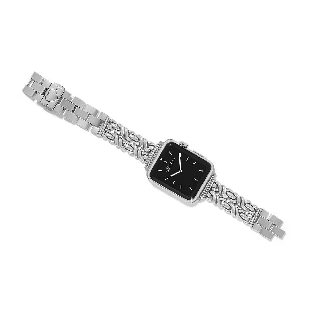 Brighton watch band with silver-plated link bracelet, heart accent, and square black watch face on a white background