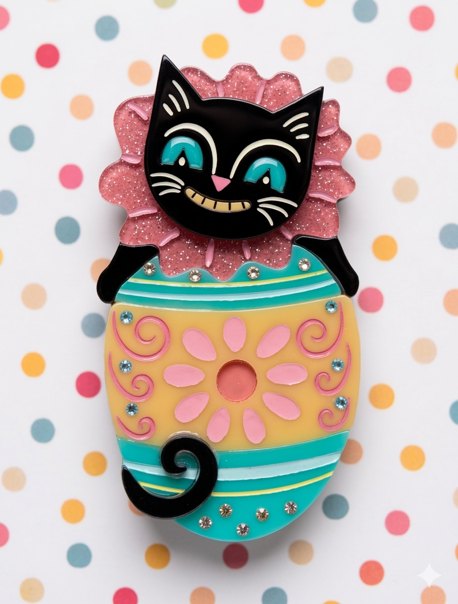 Eggcellent Easter Cat Brooch by Johanna Parker x Lipstick & Chrome — Folk Art Spring Pin