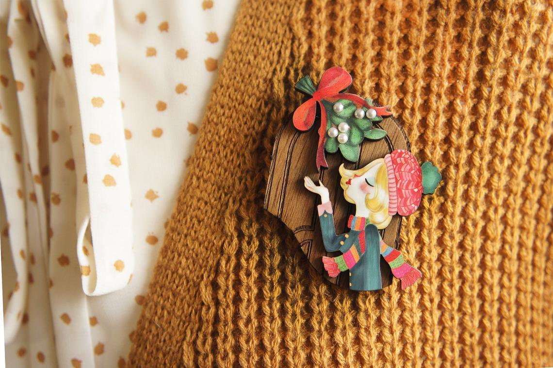 Kiss Me Under the Mistletoe Brooch by Laliblue by Quirks! at Shirley Shoppe