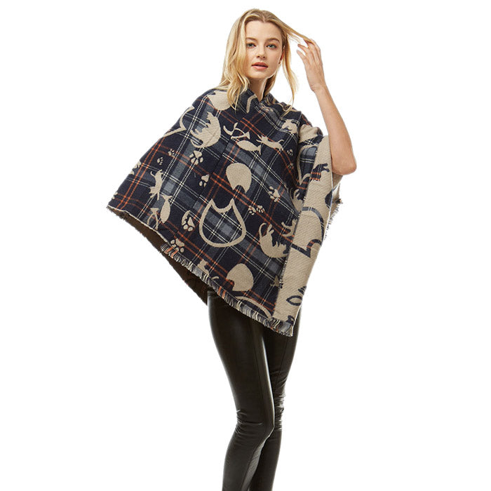 Kit Playing Cats Plaid Poncho Ruana