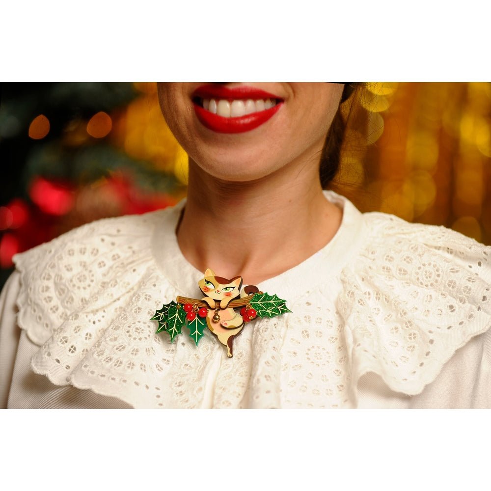 Kitty on A Holly Branch Brooch by Laliblue by Quirks! at Shirley Shoppe