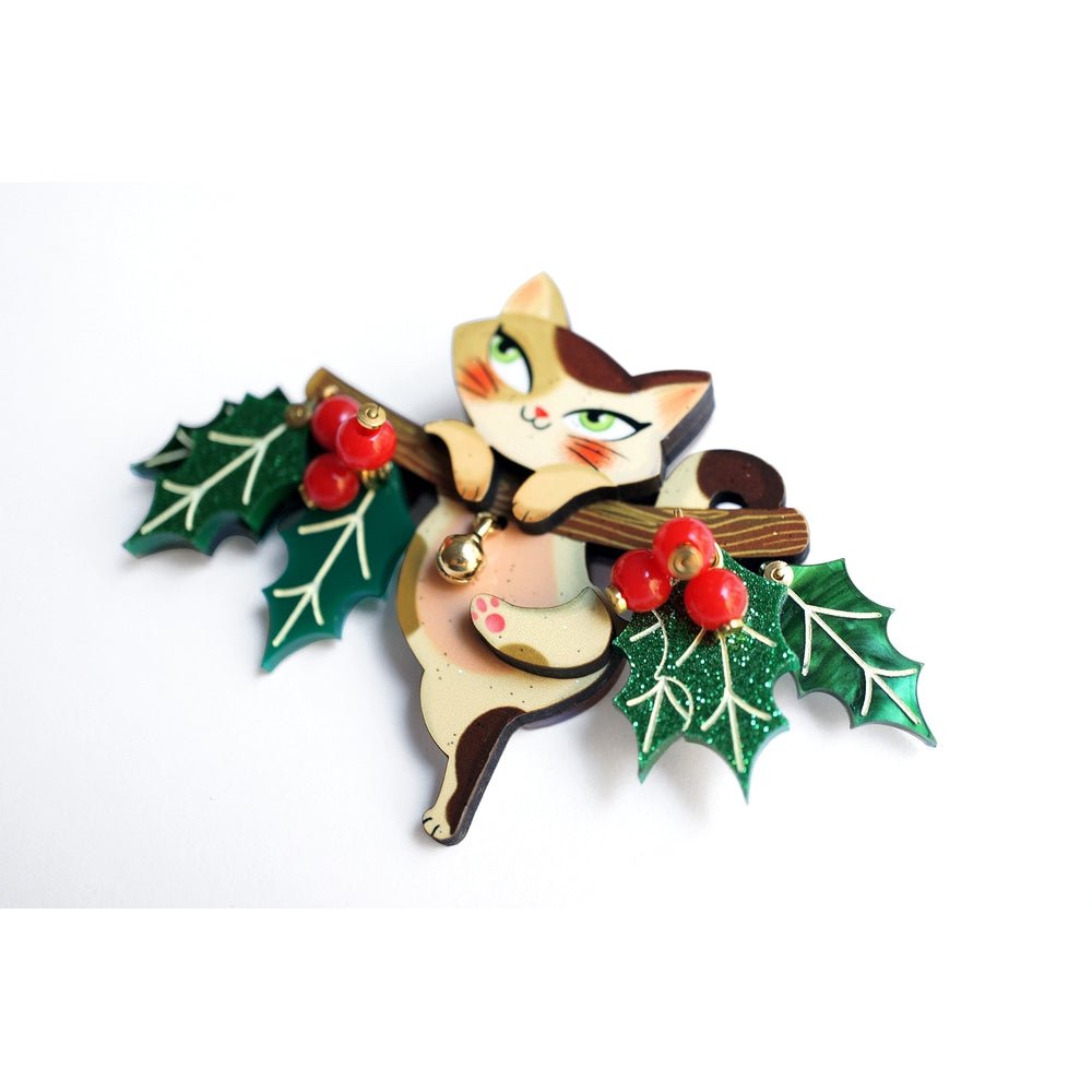 Kitty on A Holly Branch Brooch by Laliblue by Quirks! at Shirley Shoppe