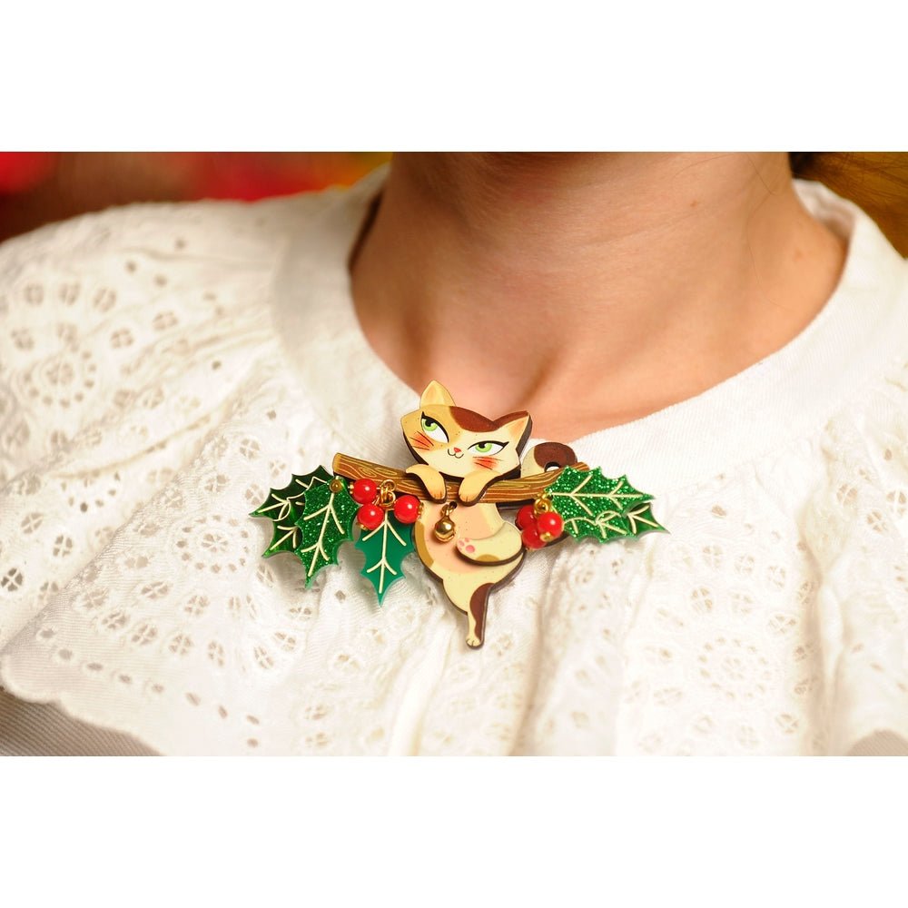 Kitty on A Holly Branch Brooch by Laliblue by Quirks! at Shirley Shoppe