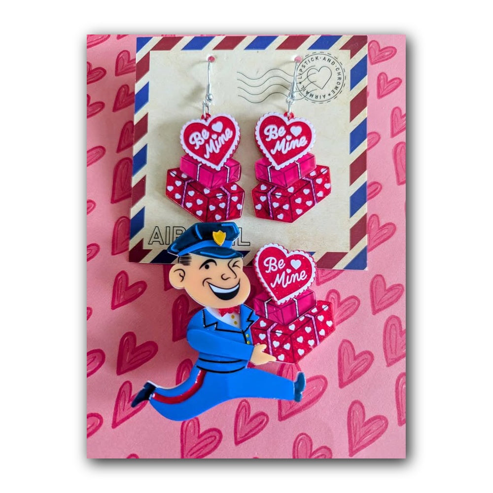 Valentine's Happy Mail Brooch & Earrings Set by 50's Vintage Dame x Lipstick & Chrome — Retro Love Letter Gift Set