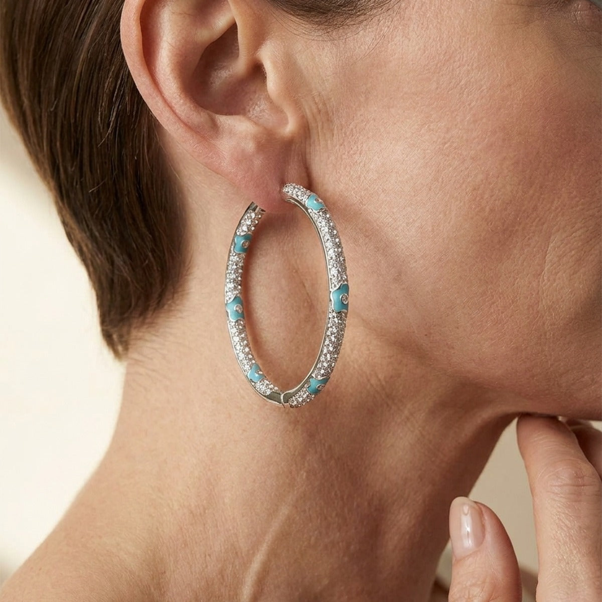 Pave Hoop Earrings — Enamel Flower