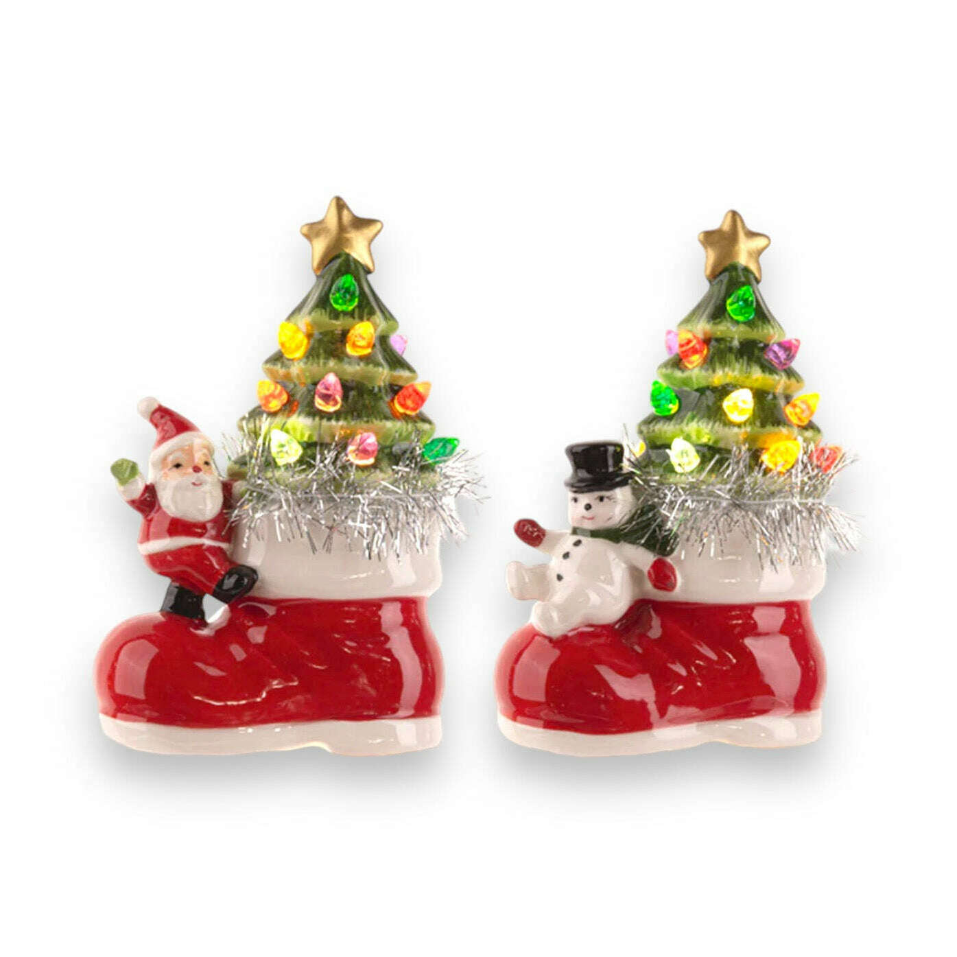Light Up Ceramic Snowman w/Tree in Boot Figurine